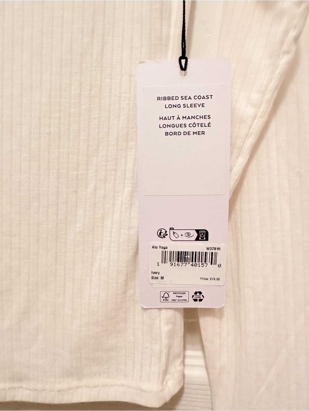 NWT-ALO Ribbed Sea Coast Long Sleeve in Ivory (Size: Medium) - Picture 7 of 7